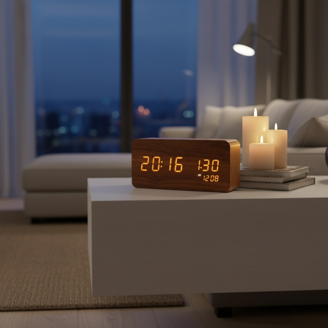 TimeWood | Digital Træur med LED-display, Stille-funktion & moderne design