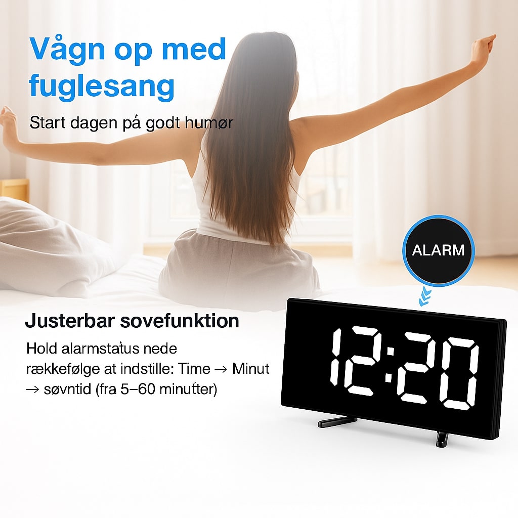 CurveClock | LED Digital Vækkeur med Buet Skærm og Automatisk Lys