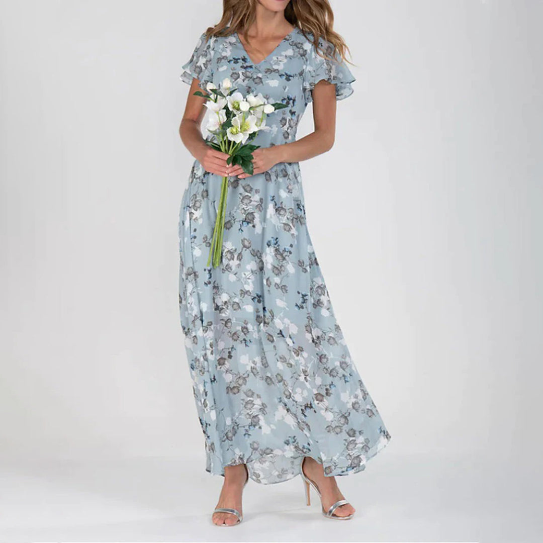 Amelie | Elegant Blomsterkjole | Damemode Himmelblå Nuvenci.dk