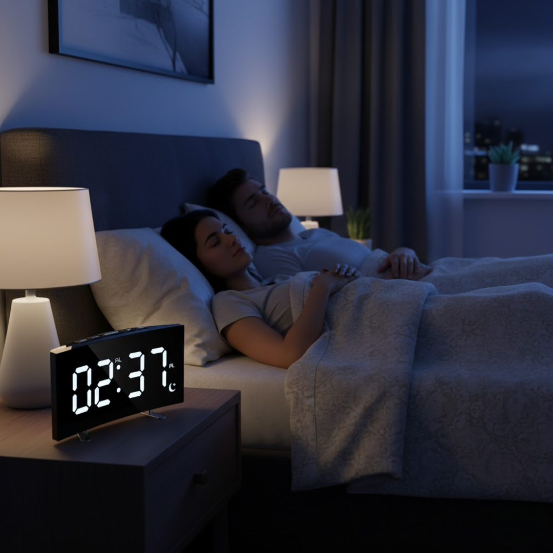 CurveClock | LED Digital Vækkeur med Buet Skærm og Automatisk Lys Nuvenci.dk