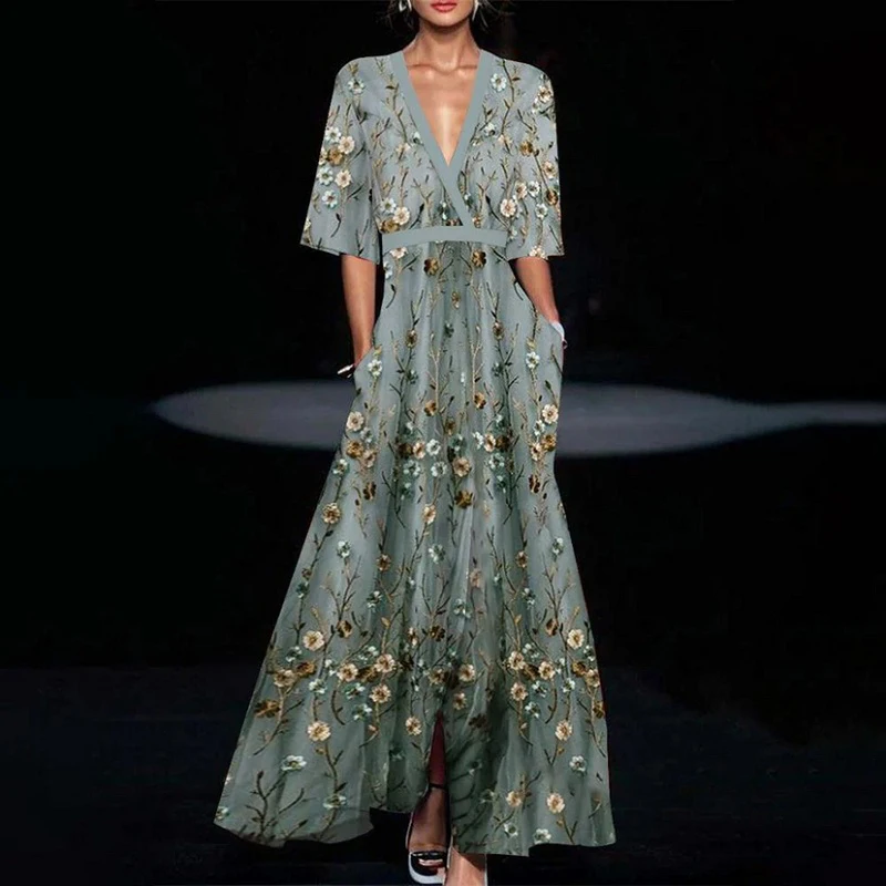 Floriena | Blomstret Maxi Kjole – Elegance & Komfort Grøn Nuvenci.dk