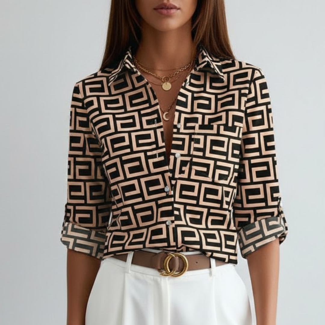 Marie | Damebluse – Tidløs Elegance og Komfort Khaki labyrint Nuvenci.dk