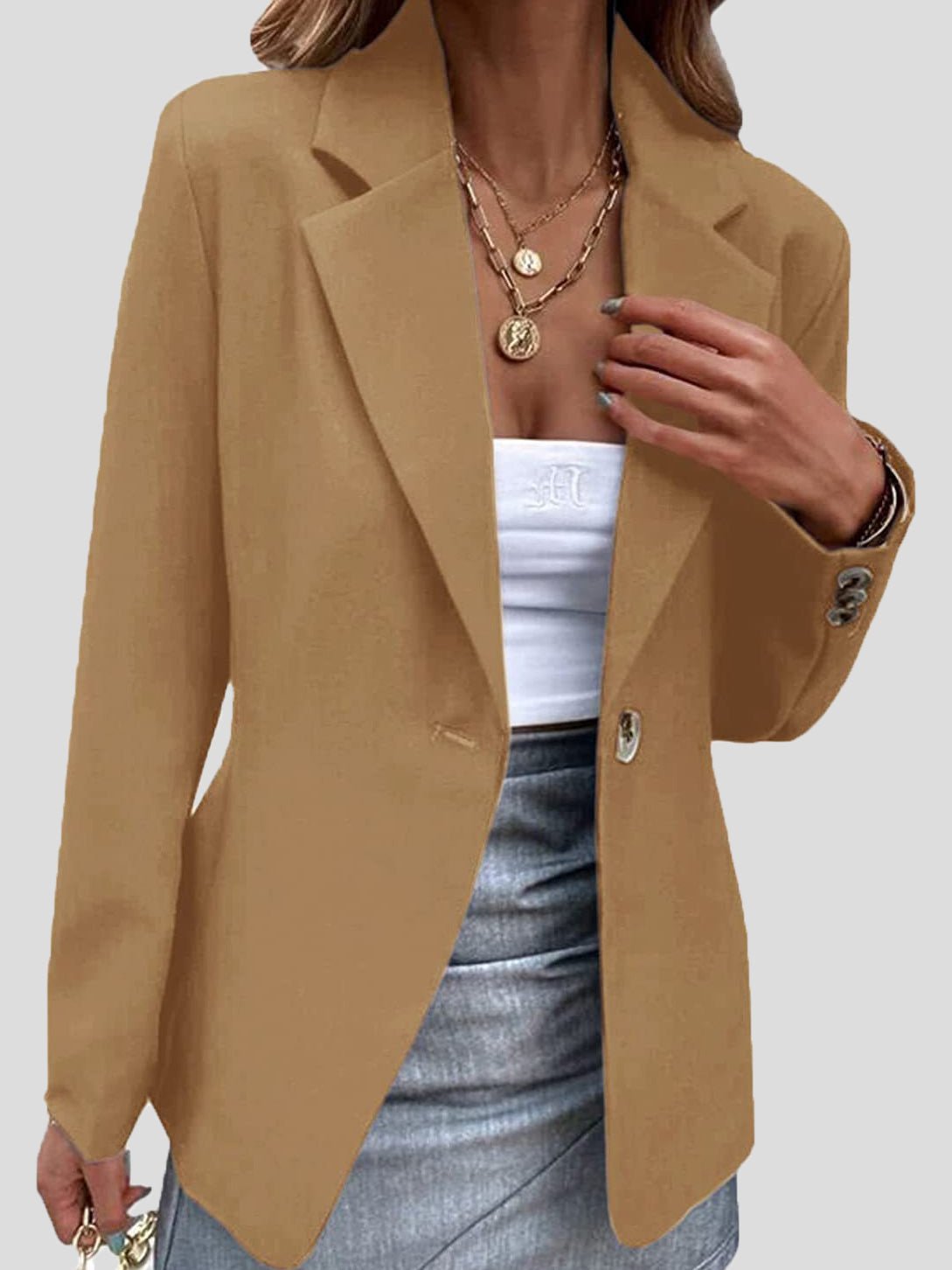 Perry | Blazer til kvinder - Elegant Enkel Revers-design Khaki Nuvenci.dk