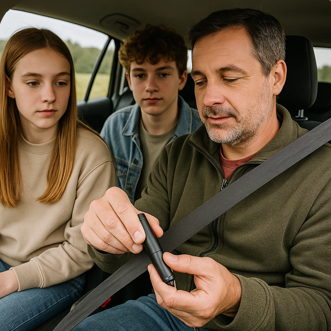 SafeKey | 2-i-1 Nødhjælpsværktøj | Glasbryder & Sikkerhedssnitter Nuvenci.dk