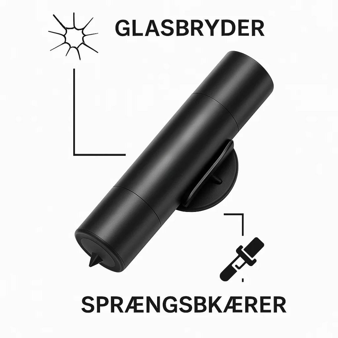 SafeKey | 2-i-1 Nødhjælpsværktøj | Glasbryder & Sikkerhedssnitter Nuvenci.dk