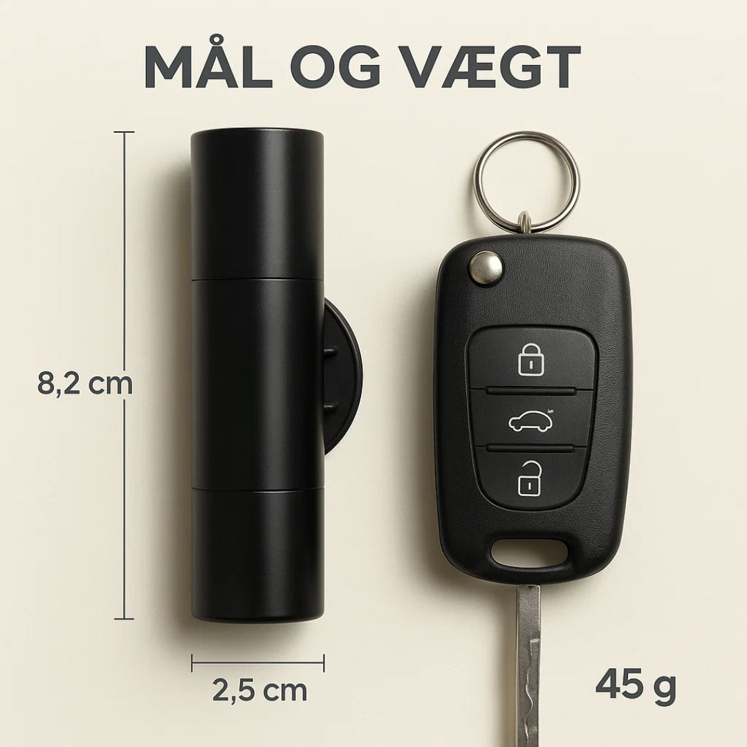 SafeKey | 2-i-1 Nødhjælpsværktøj | Glasbryder & Sikkerhedssnitter Nuvenci.dk