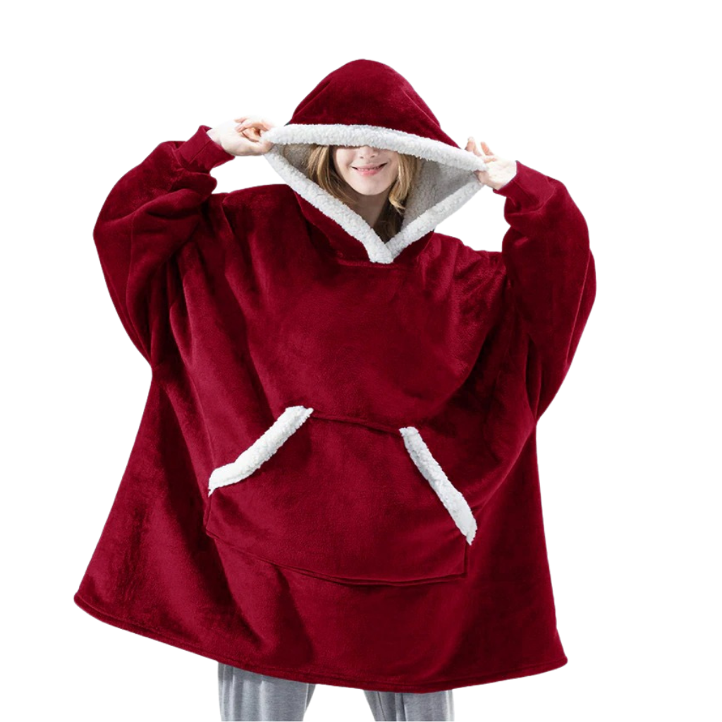 WarmWrap | Hyggelig Oversize Tæppe-Hoodie Mørkerød Nuvenci.dk