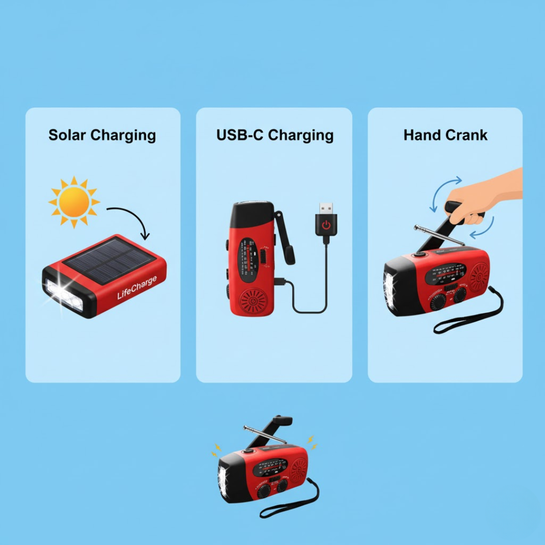 LifeCharge | 3-in-1 Emergency Radio – Power, Light and Security Everywhere