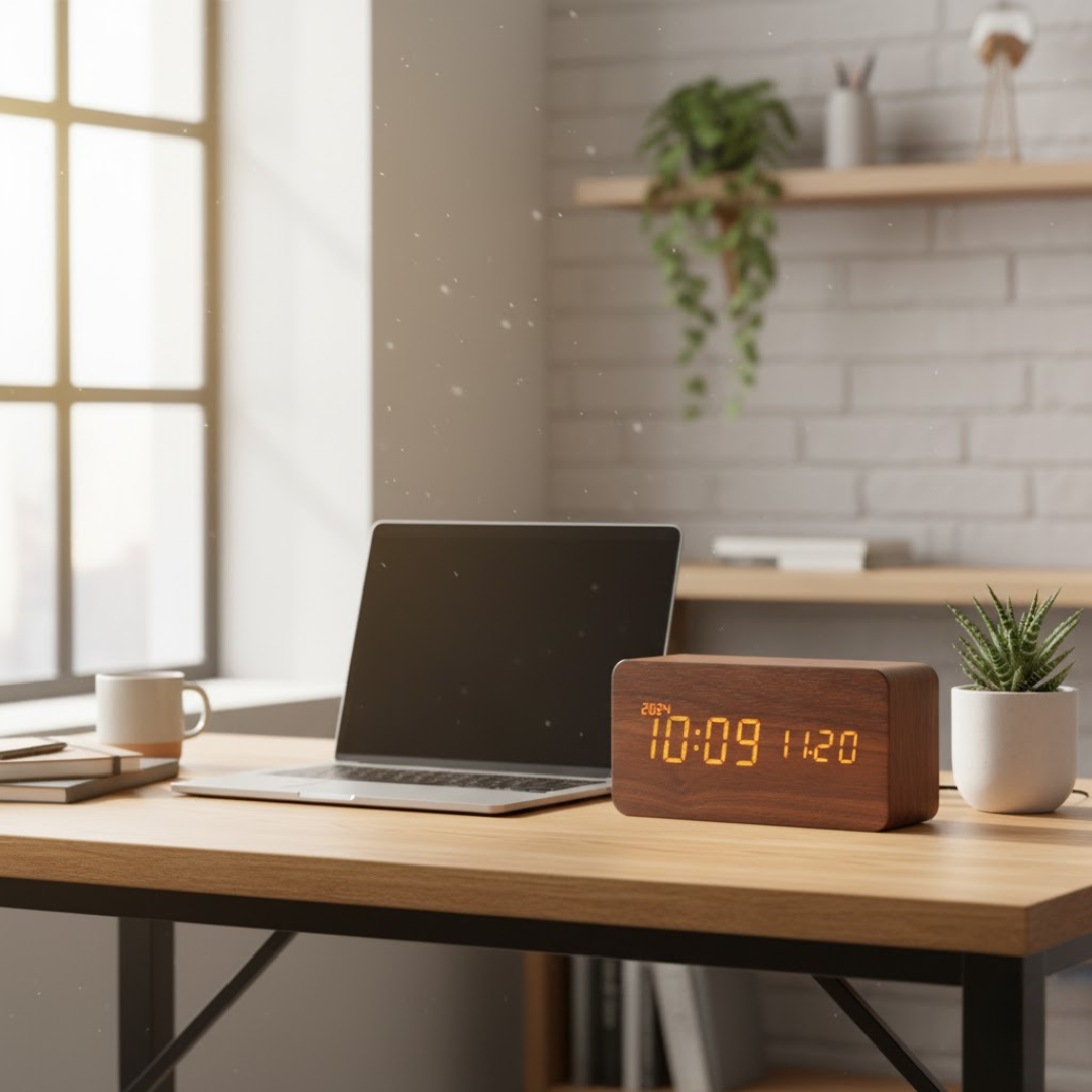 TimeWood | Digital Træur med LED-display, Stille-funktion & moderne design