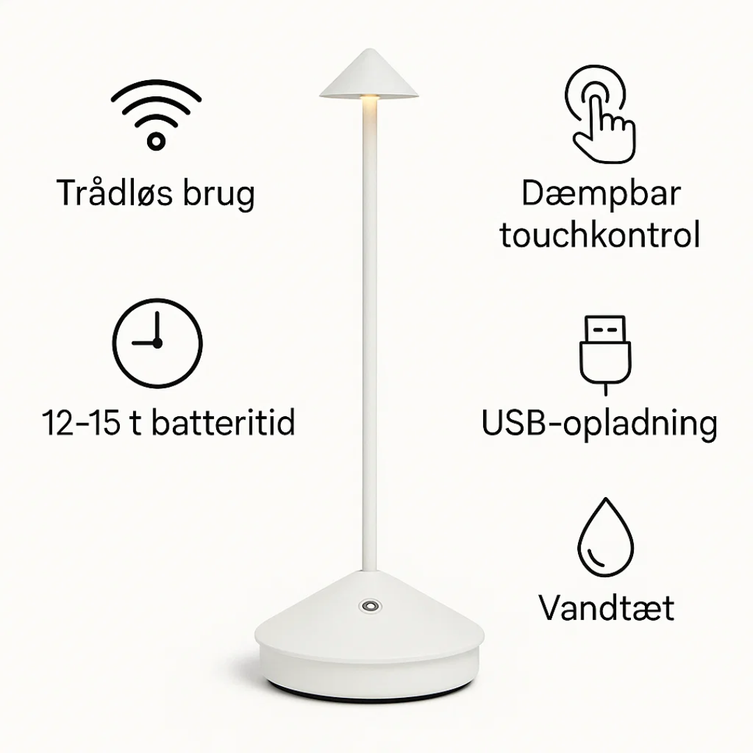 ClarityGlow | Trådløs Bordlampe Dæmpbart Lys & Vandtæt Design