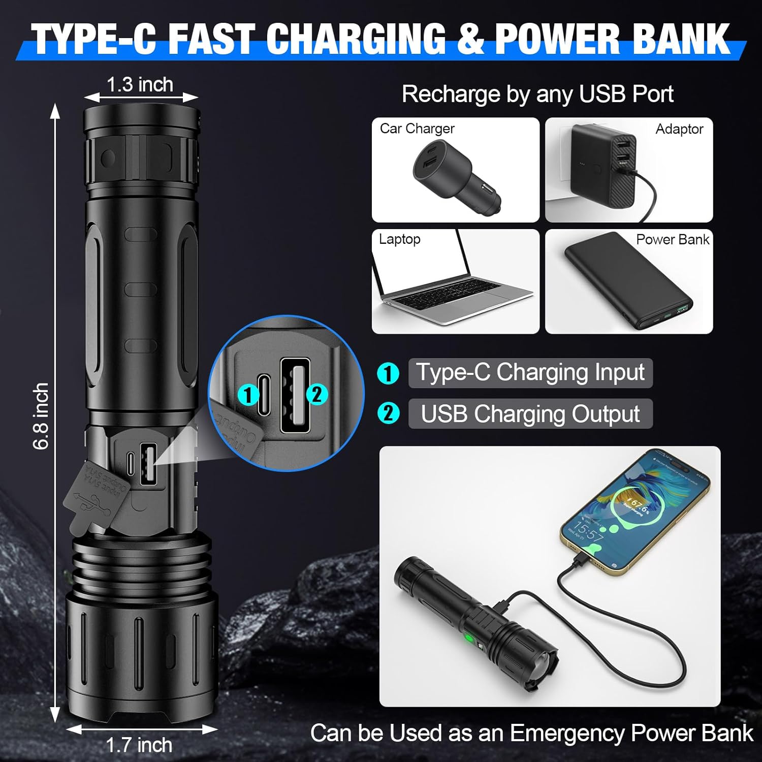 PowerLight | Taktisk Lommelygte – Ekstrem Rækkevidde & USB Opladning
