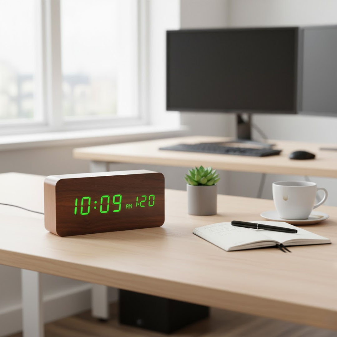 TimeWood | Digital Træur med LED-display, Stille-funktion & moderne design