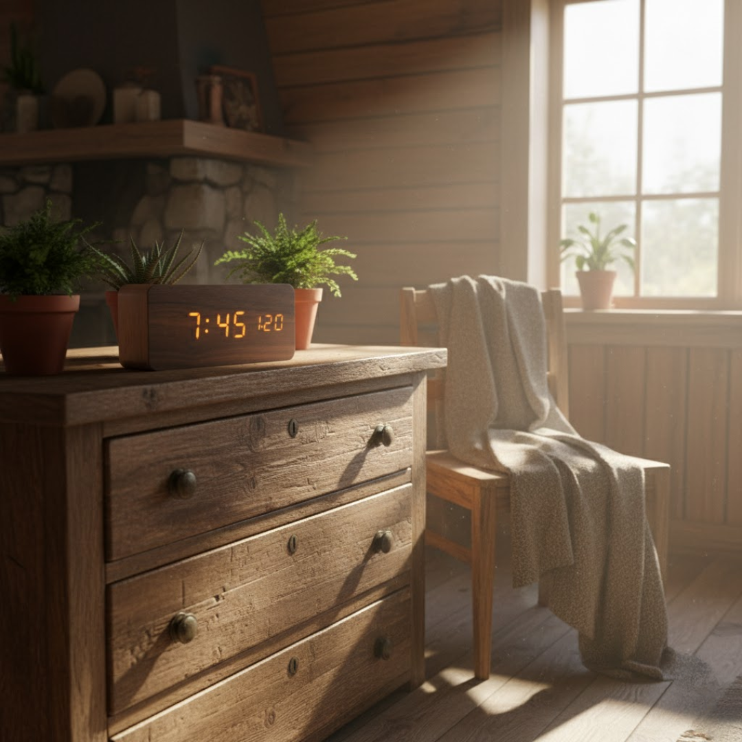 TimeWood | Digital Træur med LED-display, Stille-funktion & moderne design