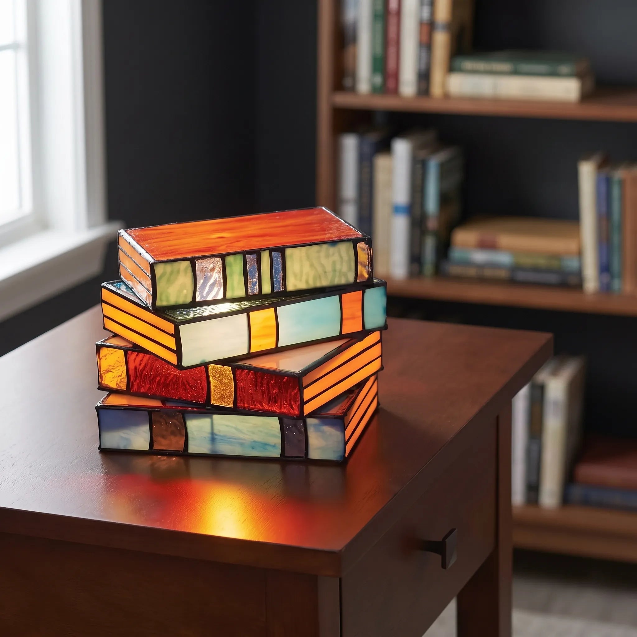 BookGlow - Farverig Stak Af Bøger Bordlampe