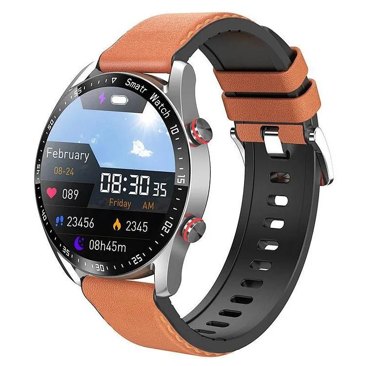 CoreWatch | Intelligent ur til sundhed, musik & kommunikation Orange læderarmbånd Nuvenci.dk