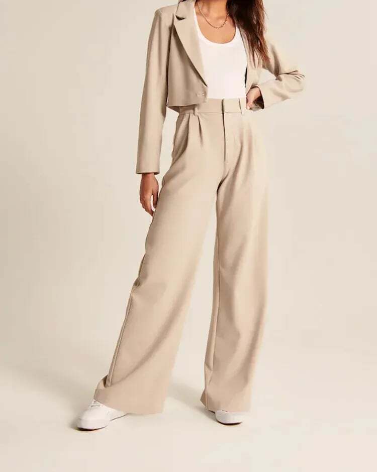 ElitePants | Elegante brede bukser med høj talje Beige Nuvenci.dk