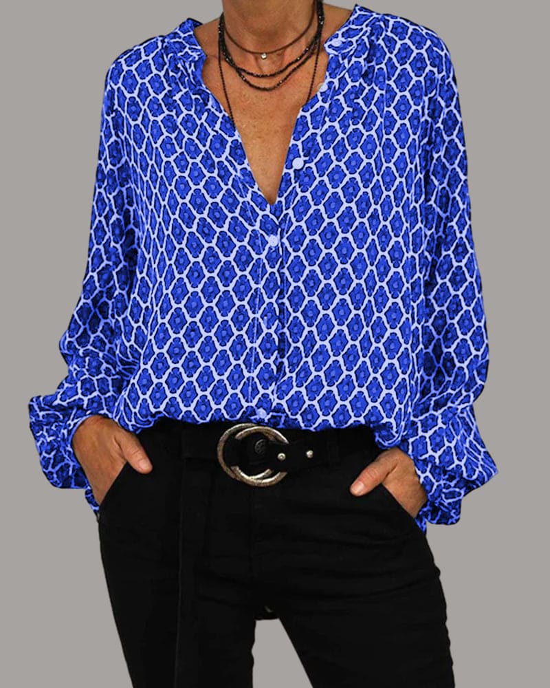 Faith | Elegant Bluse – Tidløst V-Hals Look til Enhver Anledning Blå Nuvenci.dk