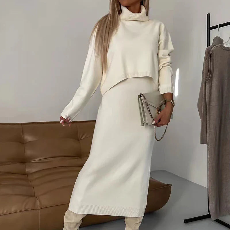Gabriella | Midi Kjole Sæt – Sofistikeret Outfit til Hverdag og Fest Beige Nuvenci.dk