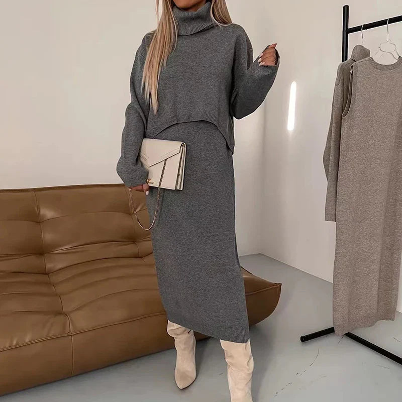 Gabriella | Midi Kjole Sæt – Sofistikeret Outfit til Hverdag og Fest Mørkegrå Nuvenci.dk
