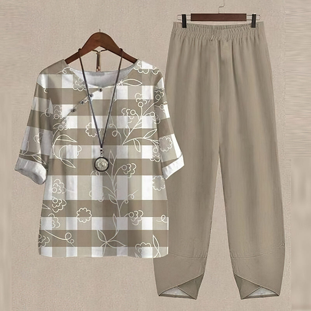 Klara | Elegant Bluse- og Buksesæt | Dame Khaki Nuvenci.dk