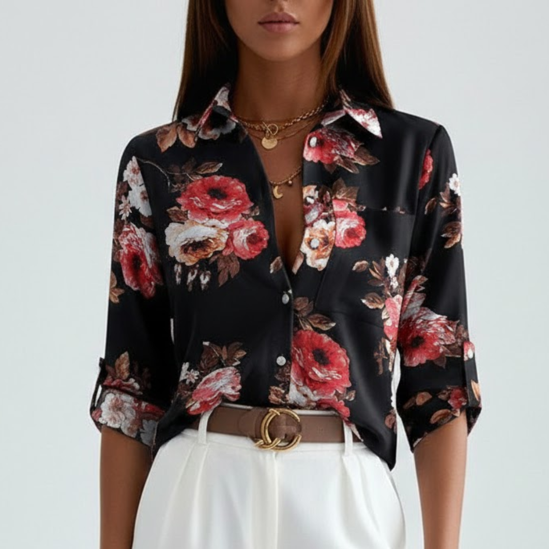 Marie | Damebluse – Tidløs Elegance og Komfort Sorte rosen blomster Nuvenci.dk