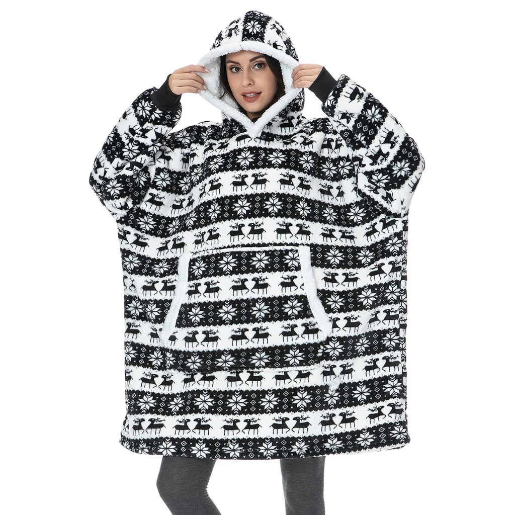 WarmWrap | Hyggelig Oversize Tæppe-Hoodie Julesort Nuvenci.dk